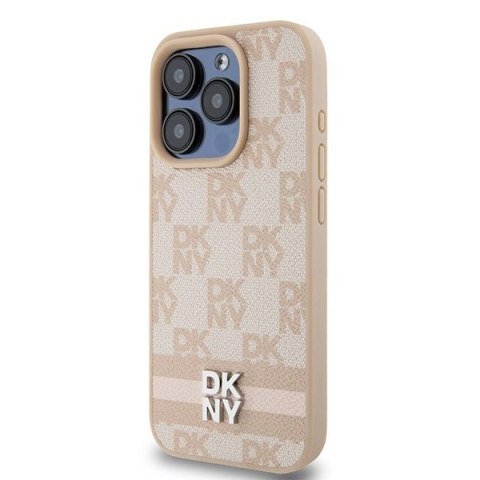 Etui DKNY Leather Checkered Mono Pattern & Printed Stripes na iPhone 15 Pro - różowe Etui DKNY Leather Checkered Mono Pattern & Printed Stripes na iPhone 15 Pro - różowe