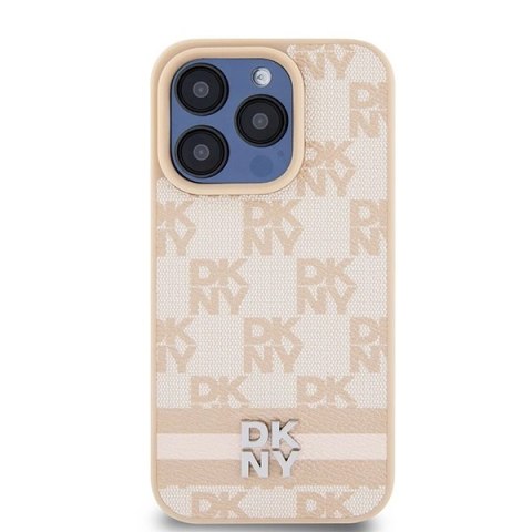 Etui DKNY Leather Checkered Mono Pattern & Printed Stripes na iPhone 15 Pro - różowe Etui DKNY Leather Checkered Mono Pattern & Printed Stripes na iPhone 15 Pro - różowe