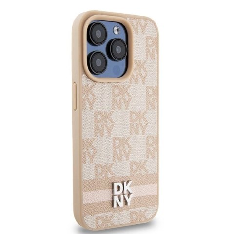 Etui DKNY Leather Checkered Mono Pattern & Printed Stripes na iPhone 15 Pro - różowe Etui DKNY Leather Checkered Mono Pattern & Printed Stripes na iPhone 15 Pro - różowe
