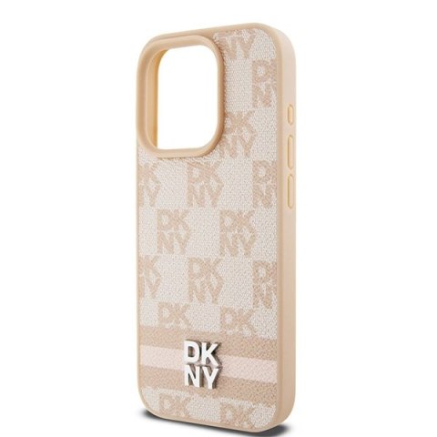 Etui DKNY Leather Checkered Mono Pattern & Printed Stripes na iPhone 15 Pro - różowe Etui DKNY Leather Checkered Mono Pattern & Printed Stripes na iPhone 15 Pro - różowe