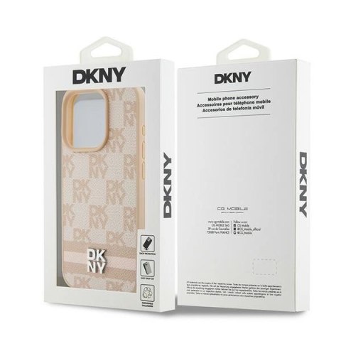 Etui DKNY Leather Checkered Mono Pattern & Printed Stripes na iPhone 15 Pro - różowe Etui DKNY Leather Checkered Mono Pattern & Printed Stripes na iPhone 15 Pro - różowe