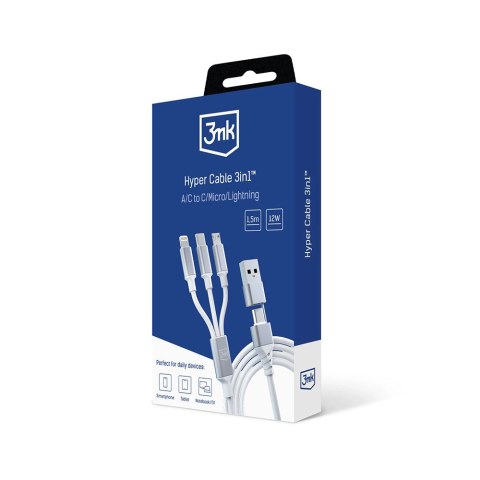 Kabel 3mk Hyper Cable 3w1 USB-A - USB-C / USB-C - micro USB - Lightning 1.5m - biały Kabel 3mk Hyper Cable 3w1 USB-A - USB-C / USB-C - micro USB - Lightning 1.5m - biały