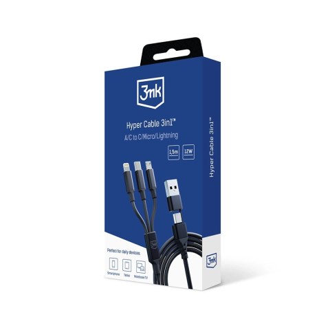 Kabel 3mk Hyper Cable 3w1 USB-A - USB-C / USB-C - micro USB - Lightning 1.5m - czarny Kabel 3mk Hyper Cable 3w1 USB-A - USB-C / USB-C - micro USB - Lightning 1.5m - czarny
