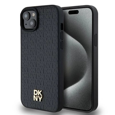 Etui DKNY Leather Monogram Pattern Metal Logo MagSafe na iPhone 15 Plus / 14 Plus - czarne Etui DKNY Leather Monogram Pattern Metal Logo MagSafe na iPhone 15 Plus / 14 Plus - czarne