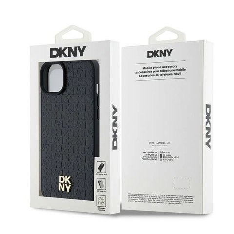 Etui DKNY Leather Monogram Pattern Metal Logo MagSafe na iPhone 15 Plus / 14 Plus - czarne Etui DKNY Leather Monogram Pattern Metal Logo MagSafe na iPhone 15 Plus / 14 Plus - czarne