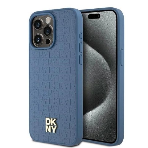Etui DKNY Leather Monogram Pattern Metal Logo MagSafe na iPhone 15 Pro Max - niebieskie Etui DKNY Leather Monogram Pattern Metal Logo MagSafe na iPhone 15 Pro Max - niebieskie