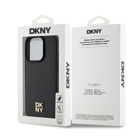 Etui DKNY Leather Monogram Pattern Metal Logo MagSafe na iPhone 15 Pro - czarne Etui DKNY Leather Monogram Pattern Metal Logo MagSafe na iPhone 15 Pro - czarne