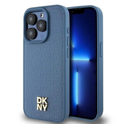 Etui DKNY Leather Monogram Pattern Metal Logo MagSafe na iPhone 15 Pro - niebieskie Etui DKNY Leather Monogram Pattern Metal Logo MagSafe na iPhone 15 Pro - niebieskie