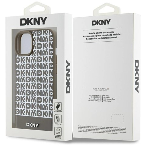 Etui DKNY Leather Printed Pattern Metal Logo MagSafe na iPhone 15 / 14 / 13 - brązowe Etui DKNY Leather Printed Pattern Metal Logo MagSafe na iPhone 15 / 14 / 13 - brązowe