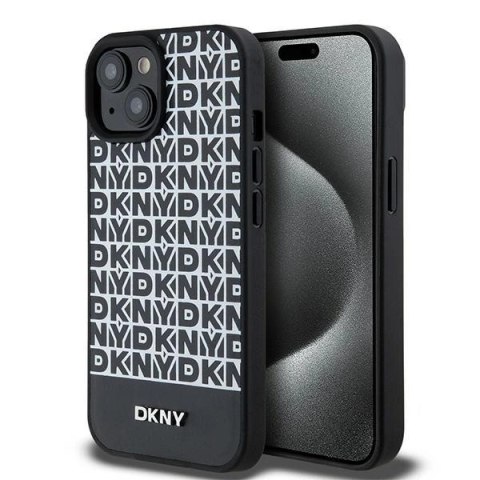 Etui DKNY Leather Printed Pattern Metal Logo MagSafe na iPhone 15 / 14 / 13 - czarne Etui DKNY Leather Printed Pattern Metal Logo MagSafe na iPhone 15 / 14 / 13 - czarne