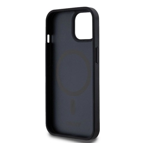Etui DKNY Leather Printed Pattern Metal Logo MagSafe na iPhone 15 / 14 / 13 - czarne Etui DKNY Leather Printed Pattern Metal Logo MagSafe na iPhone 15 / 14 / 13 - czarne