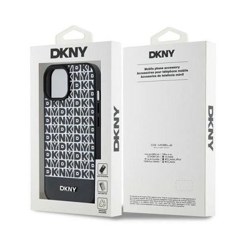 Etui DKNY Leather Printed Pattern Metal Logo MagSafe na iPhone 15 / 14 / 13 - czarne Etui DKNY Leather Printed Pattern Metal Logo MagSafe na iPhone 15 / 14 / 13 - czarne