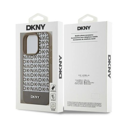 Etui DKNY Leather Printed Pattern Metal Logo MagSafe na iPhone 15 Pro Max - brązowe Etui DKNY Leather Printed Pattern Metal Logo MagSafe na iPhone 15 Pro Max - brązowe