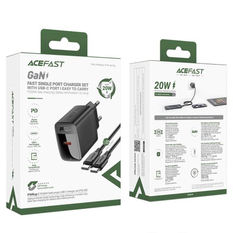 Ładowarka Acefast A82 sieciowa GaN USB-C PD 20W - czarna + kabel USB-C / USB-C