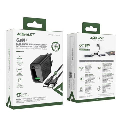 Ładowarka Acefast A90 sieciowa GaN USB-A QC 18W - czarna + kabel USB-A / USB-C Ładowarka Acefast A90 sieciowa GaN USB-A QC 18W - czarna + kabel USB-A / USB-C