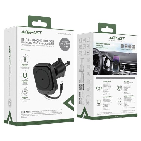 Uchwyt Acefast D32 magnetyczny z ładowarką indukcyjną 15W ze zwijanym kablem USB-C na kratkę nawiewu - czarny Uchwyt Acefast D32 magnetyczny z ładowarką indukcyjną 15W ze zwijanym kablem USB-C na kratkę nawiewu - czarny