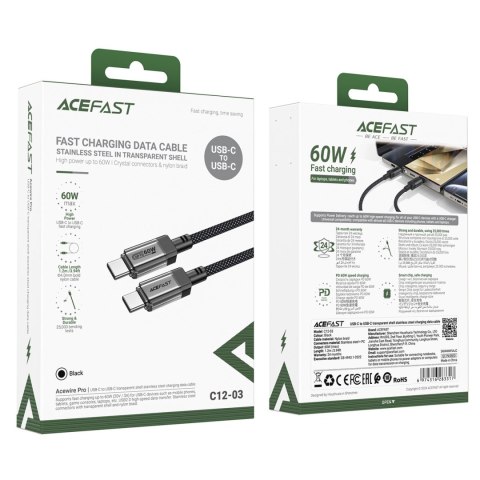 Kabel Acefast C12 USB-C / USB-C PD 60W 480Mb/s z nylonowym oplotem - czarny Kabel Acefast C12 USB-C / USB-C PD 60W 480Mb/s z nylonowym oplotem - czarny