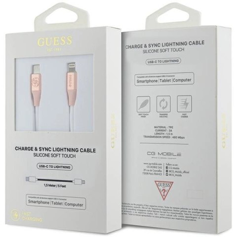 Kabel Guess Ebossed Logo USB-C / Lightning 1.5m szybkie ładowanie - różowy Kabel Guess Ebossed Logo USB-C / Lightning 1.5m szybkie ładowanie - różowy
