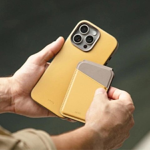Portfel UNIQ Lyden DS magnetyczny RFID ze stojakiem na telefon - żółto-szary