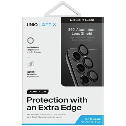 Szkło UNIQ Optix Aluminium Camera Lens Protector na obiektyw aparatu Samsung Galaxy S24+ z aplikatorem - czarne Szkło UNIQ Optix Aluminium Camera Lens Protector na obiektyw aparatu Samsung Galaxy S24+ z aplikatorem - czarne