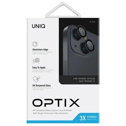 Szkło UNIQ Optix Aluminium Camera Lens Protector na obiektyw aparatu iPhone 14 / 14 Plus z aplikatorem - czarne Szkło UNIQ Optix Aluminium Camera Lens Protector na obiektyw aparatu iPhone 14 / 14 Plus z aplikatorem - czarne