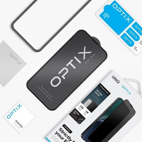 Szkło UNIQ Optix Privacy hartowane prywatyzujące na iPhone 15 Pro Max z aplikatorem Szkło UNIQ Optix Privacy hartowane prywatyzujące na iPhone 15 Pro Max z aplikatorem