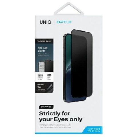 Szkło UNIQ Optix Privacy hartowane prywatyzujące na iPhone 15 Pro Max z aplikatorem Szkło UNIQ Optix Privacy hartowane prywatyzujące na iPhone 15 Pro Max z aplikatorem