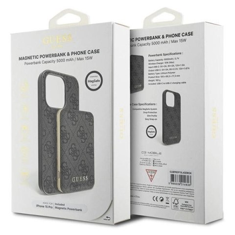 Zestaw etui Guess 4G Metal Logo na iPhone 15 Pro + powerbank 5000mAh MagSafe - czarny