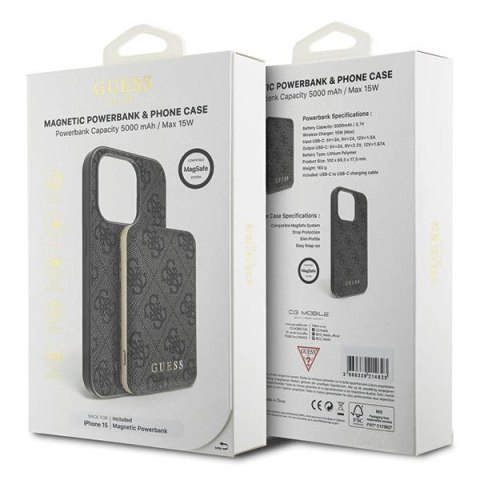 Zestaw etui Guess 4G Metal Logo na iPhone 15 + powerbank 5000mAh MagSafe - czarny