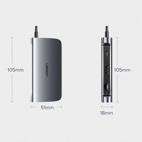 Adapter Ugreen CM179 9w1 USB-C - 3x USB-A 3.0 / HDMI / VGA / RJ45 / czytnik kart TF / SD / USB-C - szary