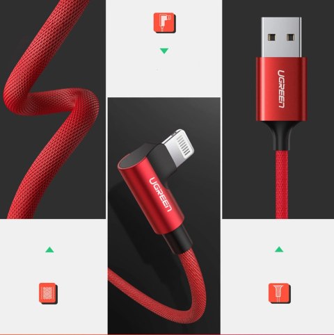 Kabel Ugreen US299 60555 kątowy Lightning / USB-A MFi 2.4A 1m - czerwony Kabel Ugreen US299 60555 kątowy Lightning / USB-A MFi 2.4A 1m - czerwony