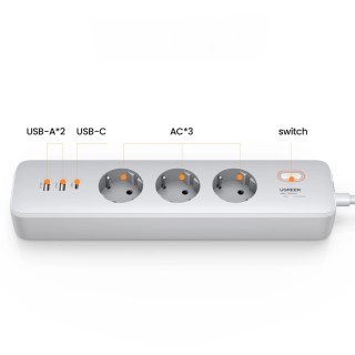 Przedłużacz Ugreen CD286 3x AC 2x USB-A 1x USB-C 30W z włącznikiem - biały