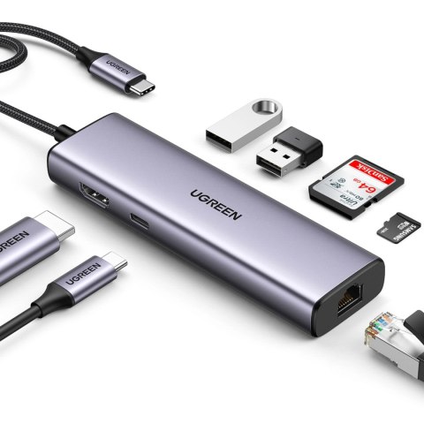 Adapter Ugreen CM512 90568 USB-C - 2x USB-A 3.0 / HDMI / RJ45 / czytnik kart SD i TF / USB-C PD 100W - szary Adapter Ugreen CM512 90568 USB-C - 2x USB-A 3.0 / HDMI / RJ45 / czytnik kart SD i TF / USB-C PD 100W - szary