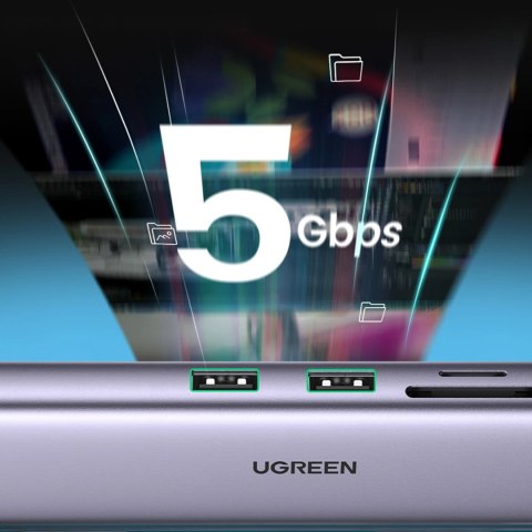Adapter Ugreen CM512 90568 USB-C - 2x USB-A 3.0 / HDMI / RJ45 / czytnik kart SD i TF / USB-C PD 100W - szary Adapter Ugreen CM512 90568 USB-C - 2x USB-A 3.0 / HDMI / RJ45 / czytnik kart SD i TF / USB-C PD 100W - szary