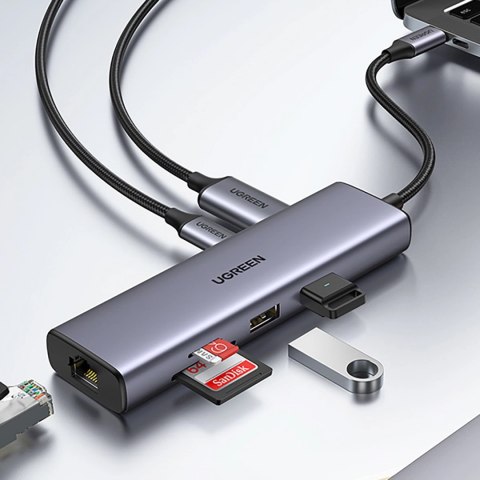 Adapter Ugreen CM512 90568 USB-C - 2x USB-A 3.0 / HDMI / RJ45 / czytnik kart SD i TF / USB-C PD 100W - szary Adapter Ugreen CM512 90568 USB-C - 2x USB-A 3.0 / HDMI / RJ45 / czytnik kart SD i TF / USB-C PD 100W - szary