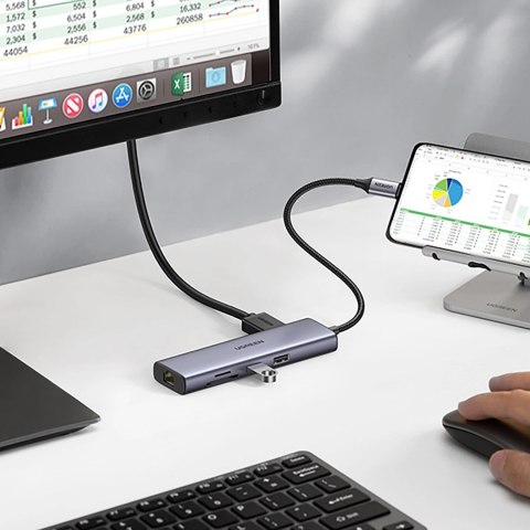 Adapter Ugreen CM512 90568 USB-C - 2x USB-A 3.0 / HDMI / RJ45 / czytnik kart SD i TF / USB-C PD 100W - szary Adapter Ugreen CM512 90568 USB-C - 2x USB-A 3.0 / HDMI / RJ45 / czytnik kart SD i TF / USB-C PD 100W - szary