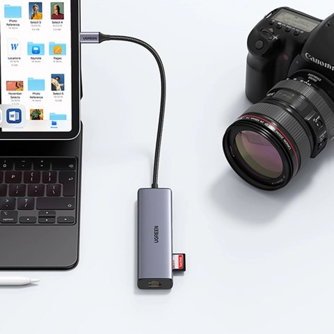 Adapter Ugreen CM512 90568 USB-C - 2x USB-A 3.0 / HDMI / RJ45 / czytnik kart SD i TF / USB-C PD 100W - szary Adapter Ugreen CM512 90568 USB-C - 2x USB-A 3.0 / HDMI / RJ45 / czytnik kart SD i TF / USB-C PD 100W - szary