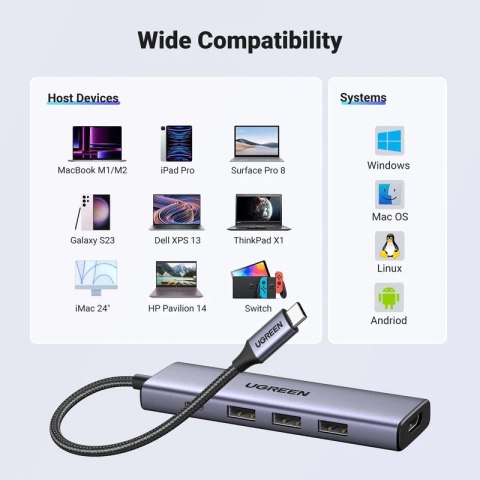 HUB Ugreen CM511 15597 5w1 USB-C - USB-C PD / HDMI / 3x USB-A 3.0 - szary HUB Ugreen CM511 15597 5w1 USB-C - USB-C PD / HDMI / 3x USB-A 3.0 - szary