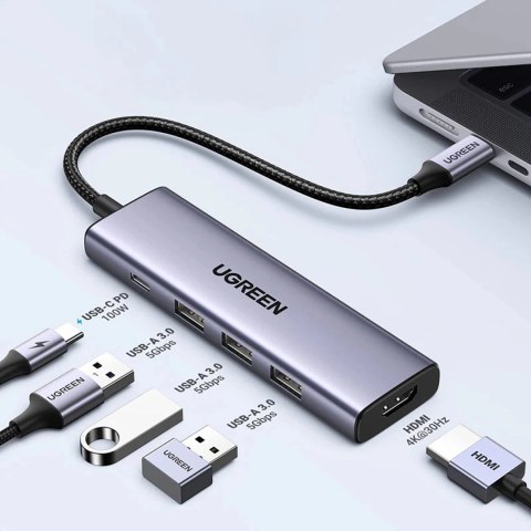 HUB Ugreen CM511 15597 5w1 USB-C - USB-C PD / HDMI / 3x USB-A 3.0 - szary HUB Ugreen CM511 15597 5w1 USB-C - USB-C PD / HDMI / 3x USB-A 3.0 - szary