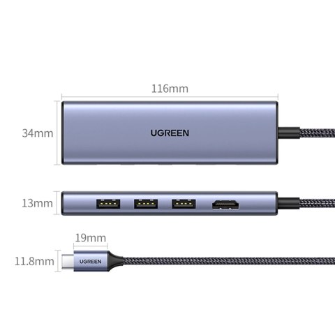 HUB Ugreen CM511 20956A 6w1 USB-C - HDMI / 3x USB-A 3.0 / czytnik kart SD/TF - szary HUB Ugreen CM511 20956A 6w1 USB-C - HDMI / 3x USB-A 3.0 / czytnik kart SD/TF - szary