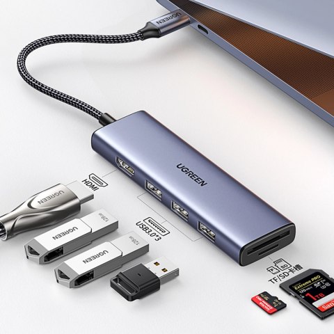 HUB Ugreen CM511 20956A 6w1 USB-C - HDMI / 3x USB-A 3.0 / czytnik kart SD/TF - szary HUB Ugreen CM511 20956A 6w1 USB-C - HDMI / 3x USB-A 3.0 / czytnik kart SD/TF - szary