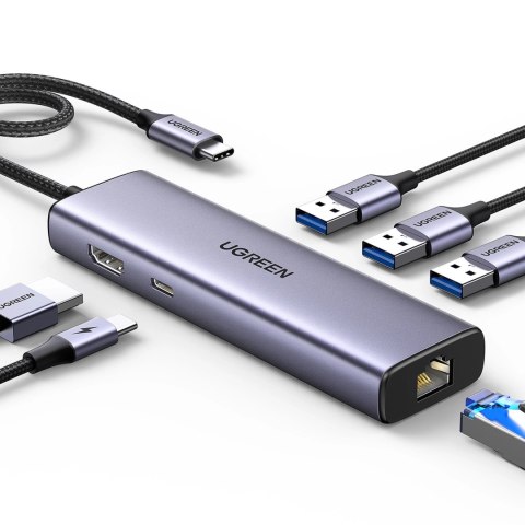 HUB Ugreen CM512 15598 6w1 USB-C - 3x USB-A 3.0 / HDMI / RJ45 / USB-C PD - szary HUB Ugreen CM512 15598 6w1 USB-C - 3x USB-A 3.0 / HDMI / RJ45 / USB-C PD - szary