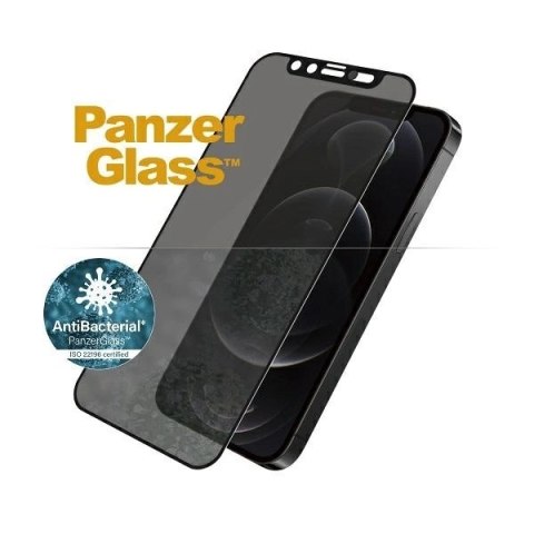 Szkło PanzerGlass E2E Microfracture antybakteryjne prywatyzujące z osłoną aparatu na iPhone 12 / 12 Pro - z czarną ramką