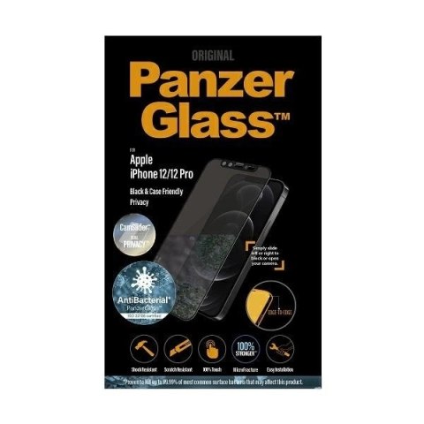 Szkło PanzerGlass E2E Microfracture antybakteryjne prywatyzujące z osłoną aparatu na iPhone 12 / 12 Pro - z czarną ramką
