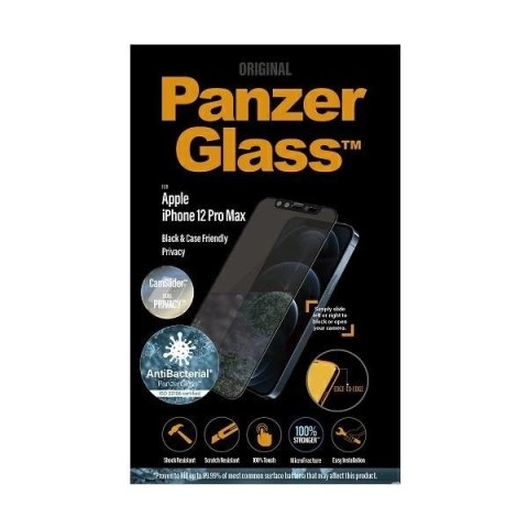 Szkło PanzerGlass E2E Microfracture antybakteryjne prywatyzujące z osłoną aparatu na iPhone 12 Pro Max - z czarną ramką