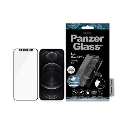 Szkło PanzerGlass E2E Microfracture antybakteryjne z osłoną aparatu z kryształem Swarovsky na iPhone 12 / 12 Pro - z czarną ramk Szkło PanzerGlass E2E Microfracture antybakteryjne z osłoną aparatu z kryształem Swarovsky na iPhone 12 / 12 Pro - z czarną ramk
