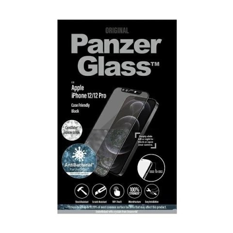 Szkło PanzerGlass E2E Microfracture antybakteryjne z osłoną aparatu z kryształem Swarovsky na iPhone 12 / 12 Pro - z czarną ramk Szkło PanzerGlass E2E Microfracture antybakteryjne z osłoną aparatu z kryształem Swarovsky na iPhone 12 / 12 Pro - z czarną ramk