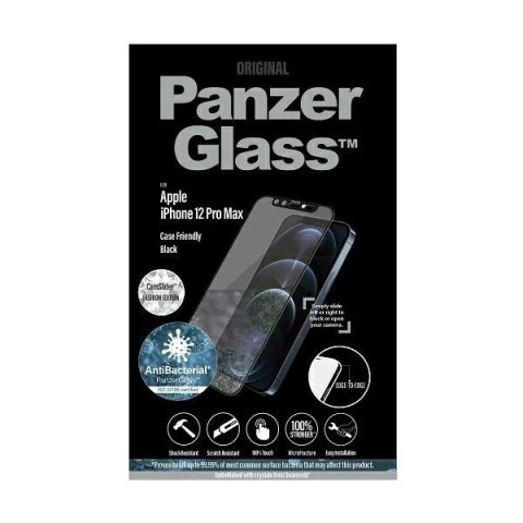 Szkło PanzerGlass E2E Microfracture antybakteryjne z osłoną aparatu z kryształem Swarovsky na iPhone 12 Pro Max - z czarną ramką Szkło PanzerGlass E2E Microfracture antybakteryjne z osłoną aparatu z kryształem Swarovsky na iPhone 12 Pro Max - z czarną ramką