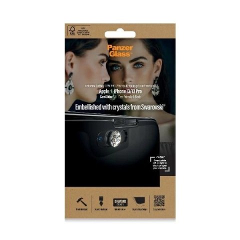 Szkło PanzerGlass E2E Microfracture antybakteryjne z osłoną aparatu z kryształem Swarovsky na iPhone 13 / 13 Pro - z czarną ramk Szkło PanzerGlass E2E Microfracture antybakteryjne z osłoną aparatu z kryształem Swarovsky na iPhone 13 / 13 Pro - z czarną ramk