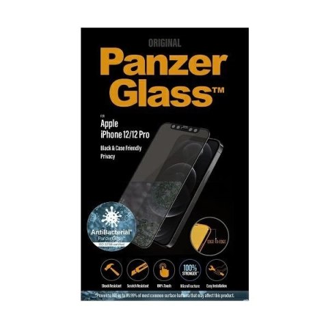 Szkło hartowane PanzerGlass E2E Super+ Microfracture antybakteryjne prywatyzujące na iPhone 12 / 12 Pro - z czarną ramką